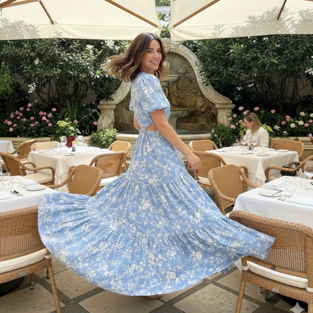 WAYF Plaza Blue Floral Cut-Out Tiered Maxi Dress Size XSmall - Picture 2 of 16